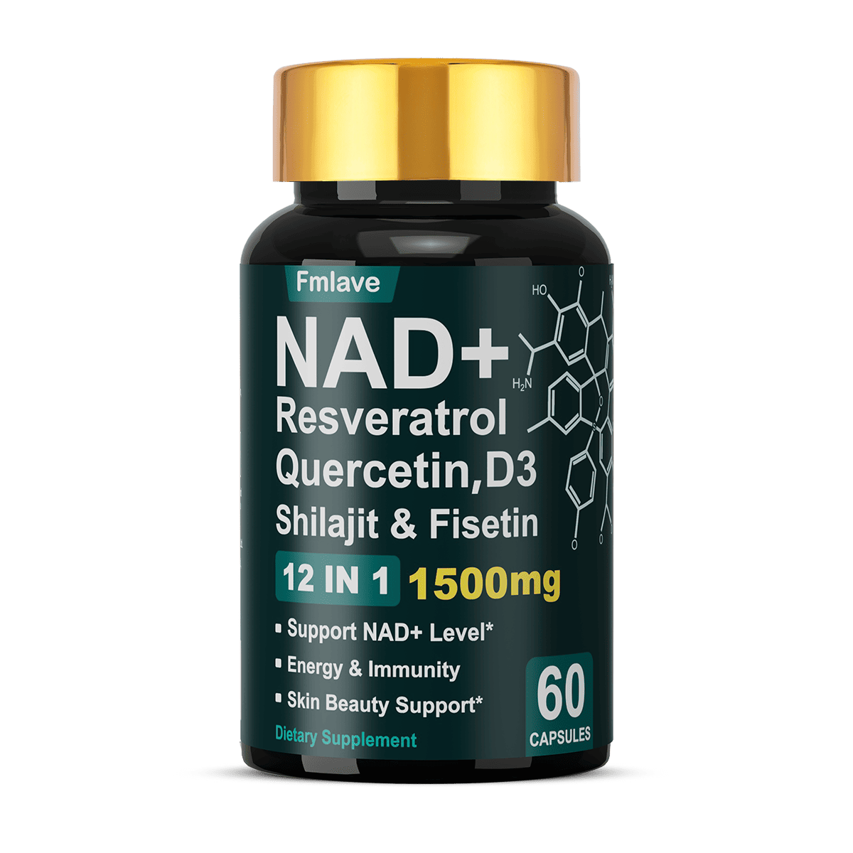 Suplemento de resveratrol NAD+ — 500 mg de nicotinamida ribósido (NR) — 60 cápsulas 