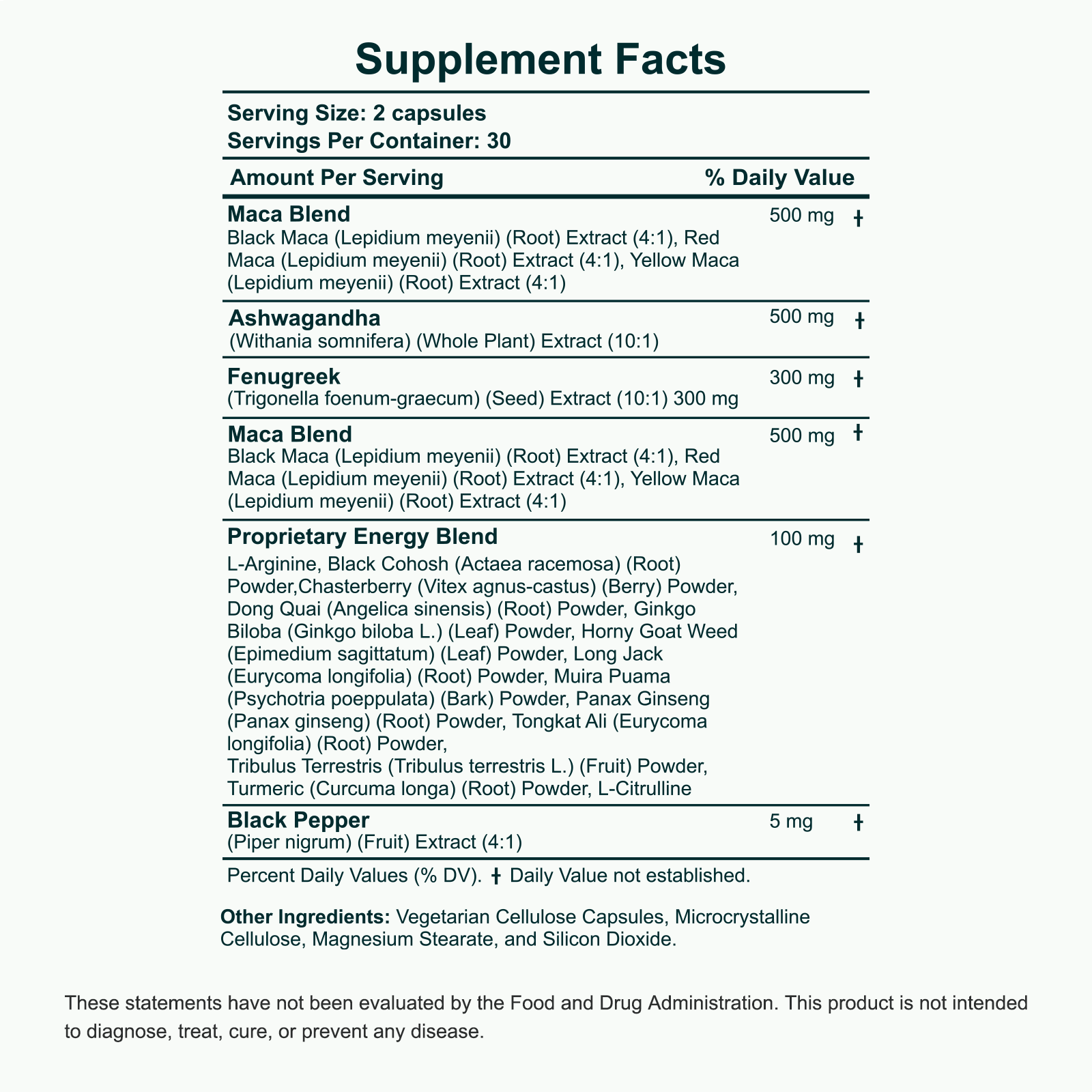 Supplement Facts — MACA ASHWAGANDHA FENUGREEK TONGKAT ALI