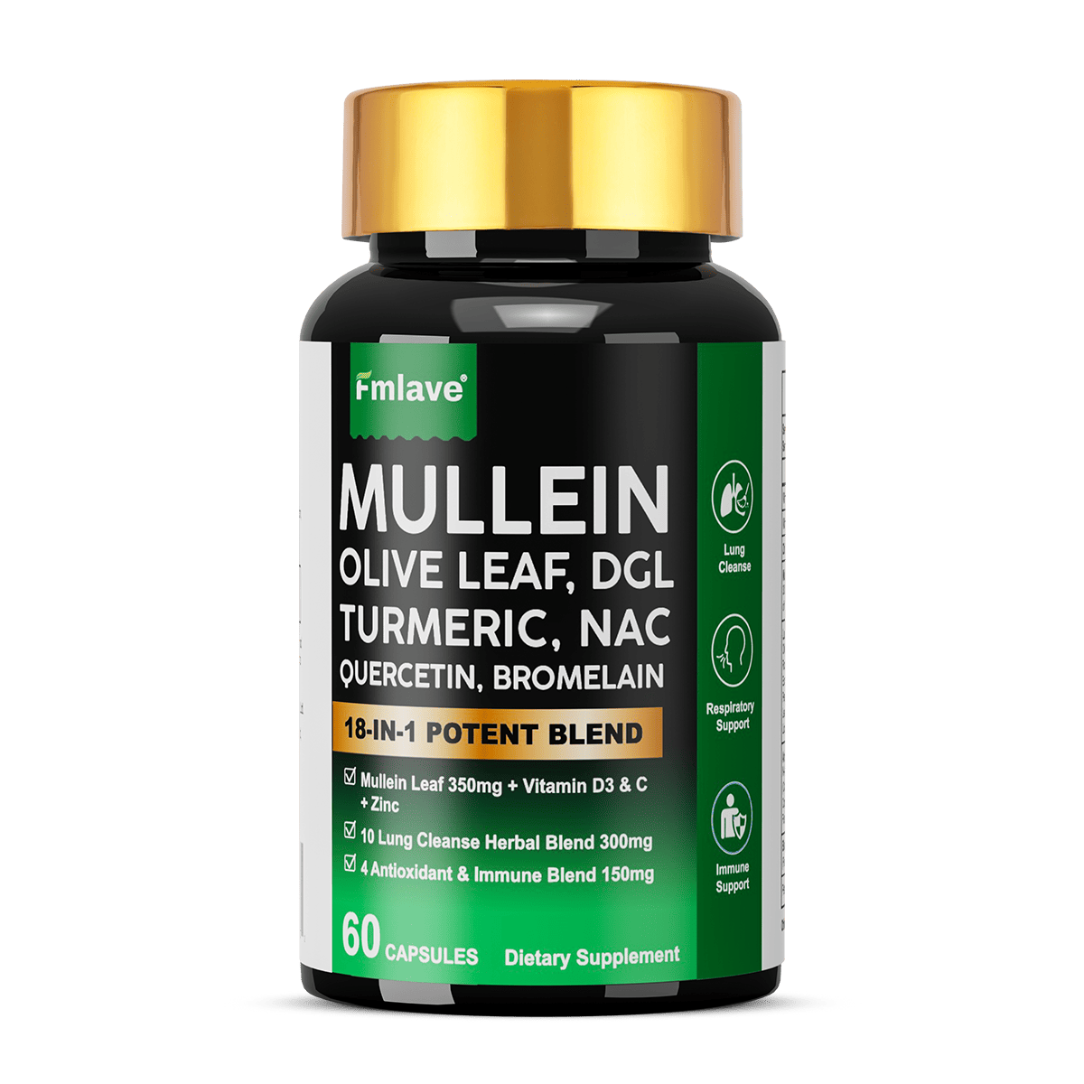 LUNG CLEANSER MULLEIN OLIVE LEAF, DGL, TURMERIC, NAC 18-IN-1 POTENT BLEND