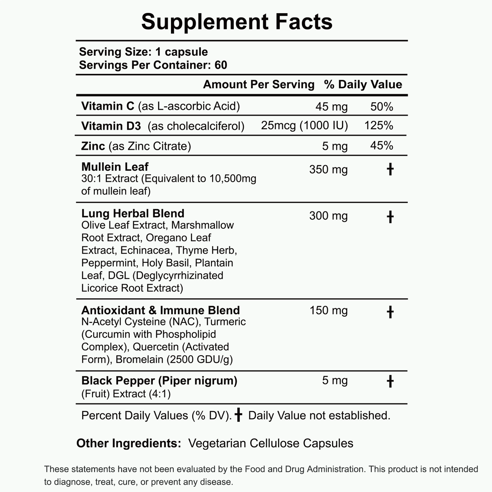 Supplement Facts — 18-in-1 Lung Cleanse &amp; Detox Support (Mullein 30:1 + NAC + DGL + Olive Leaf) — 60 Capsules