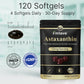 Fmlave Astaxanthin 120 softgels pouch with 4-softgel daily serving guidance, deep purple softgel size reference, and quality icons.