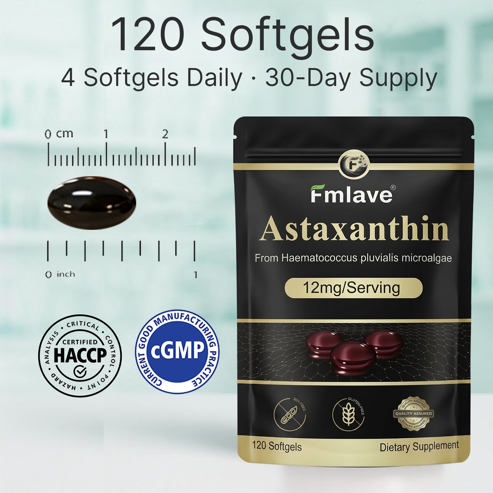 Fmlave Astaxanthin 120 softgels pouch with 4-softgel daily serving guidance, deep purple softgel size reference, and quality icons.