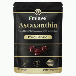 Fmlave Astaxanthin 12 mg per serving pouch made from Haematococcus pluvialis microalgae, with 120 softgels.
