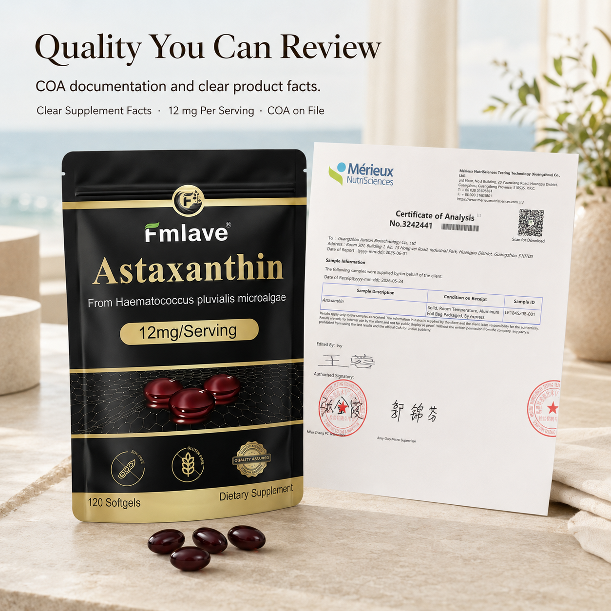 Fmlave Astaxanthin pouch with deep purple softgels and COA quality documentation for clear product facts and transparency