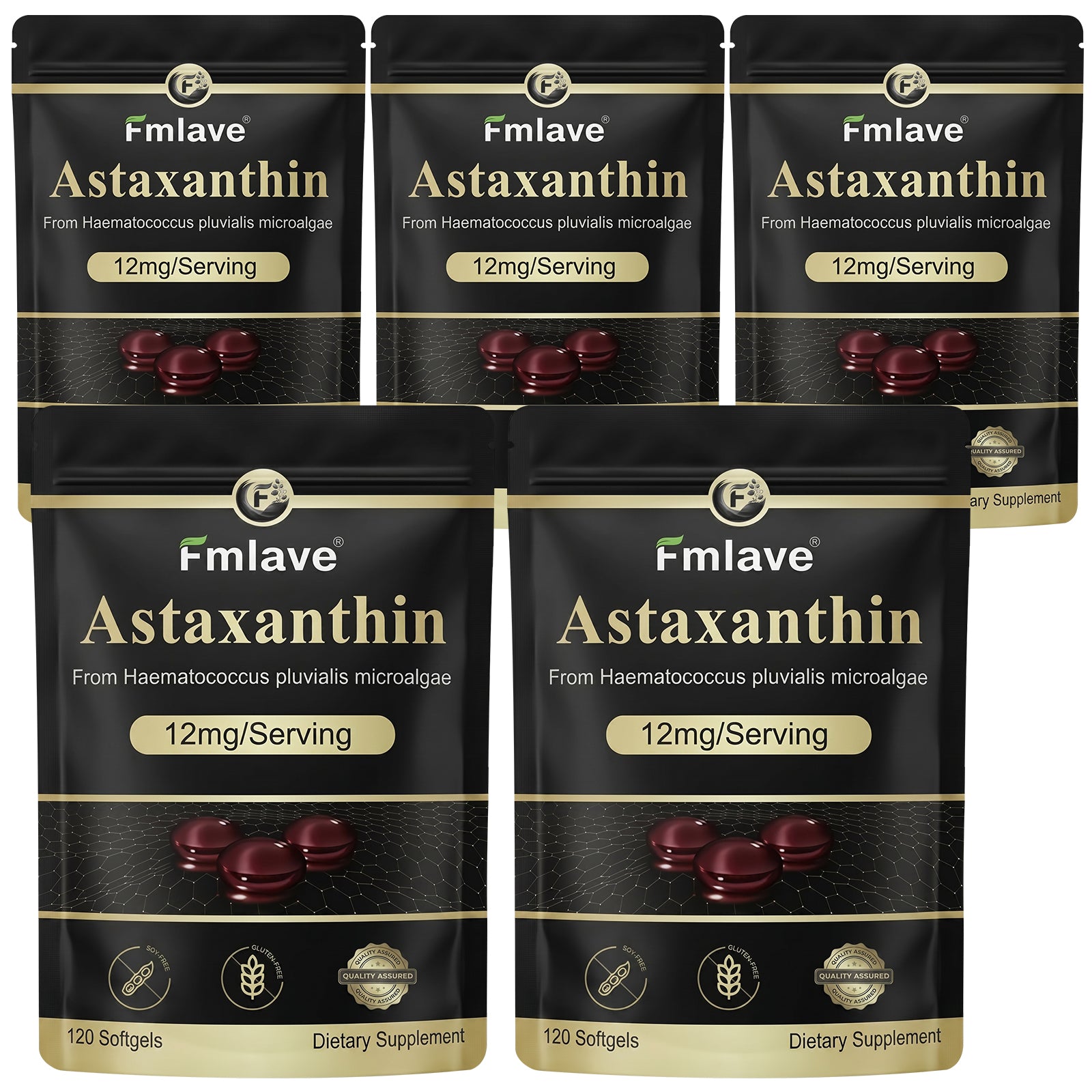 Fmlave Astaxanthin Supplement Facts showing 12 mg astaxanthin per serving from Haematococcus pluvialis microalgae and 4 softgels per serving.