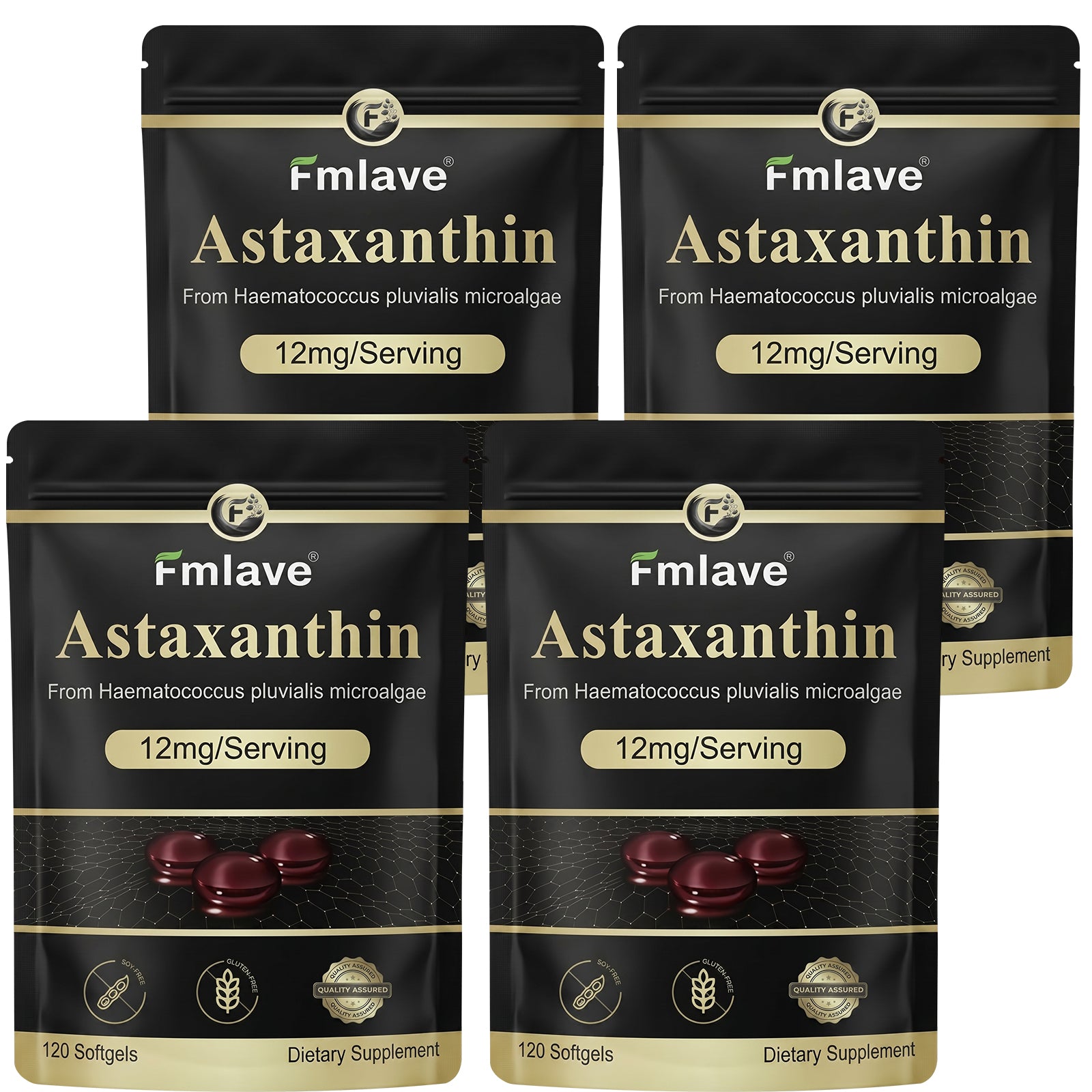 Four-pack display of Fmlave Astaxanthin 12 mg per serving softgels with deep purple capsules on the pouch label.