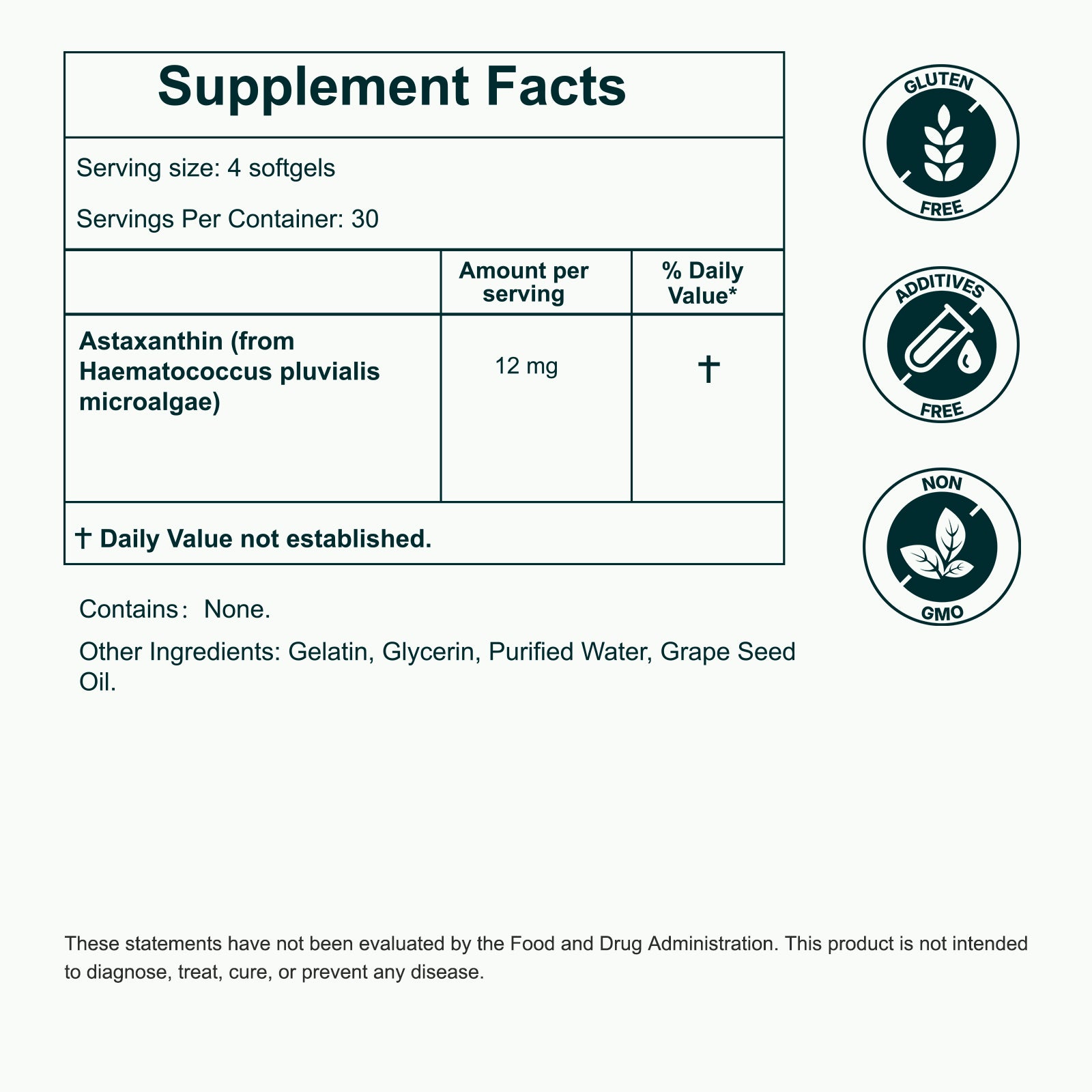 Fmlave Astaxanthin Supplement Facts showing 12 mg astaxanthin per serving from Haematococcus pluvialis microalgae and 4 softgels per serving.