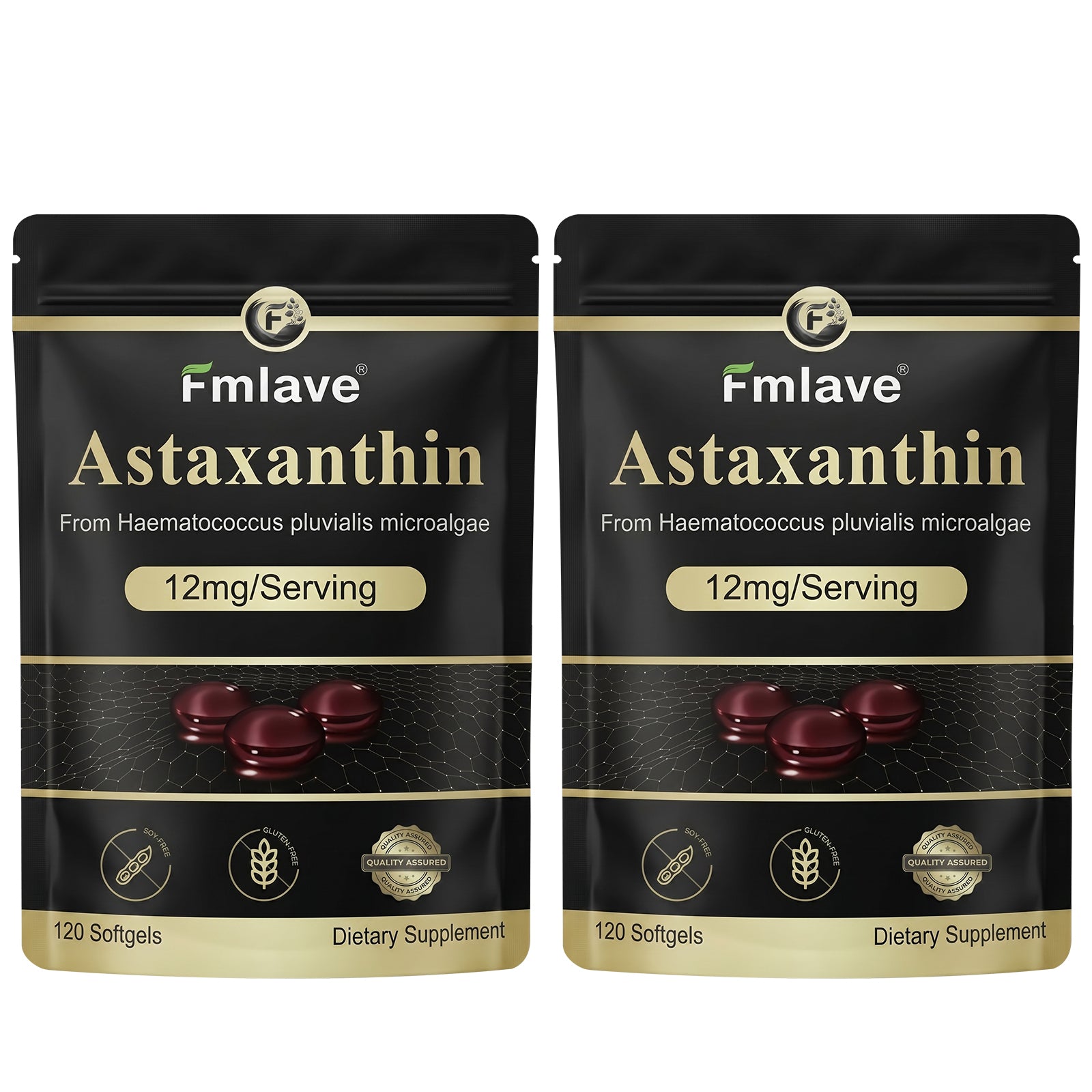 Two pouches of Fmlave Astaxanthin 12 mg per serving softgels from Haematococcus pluvialis microalgae.