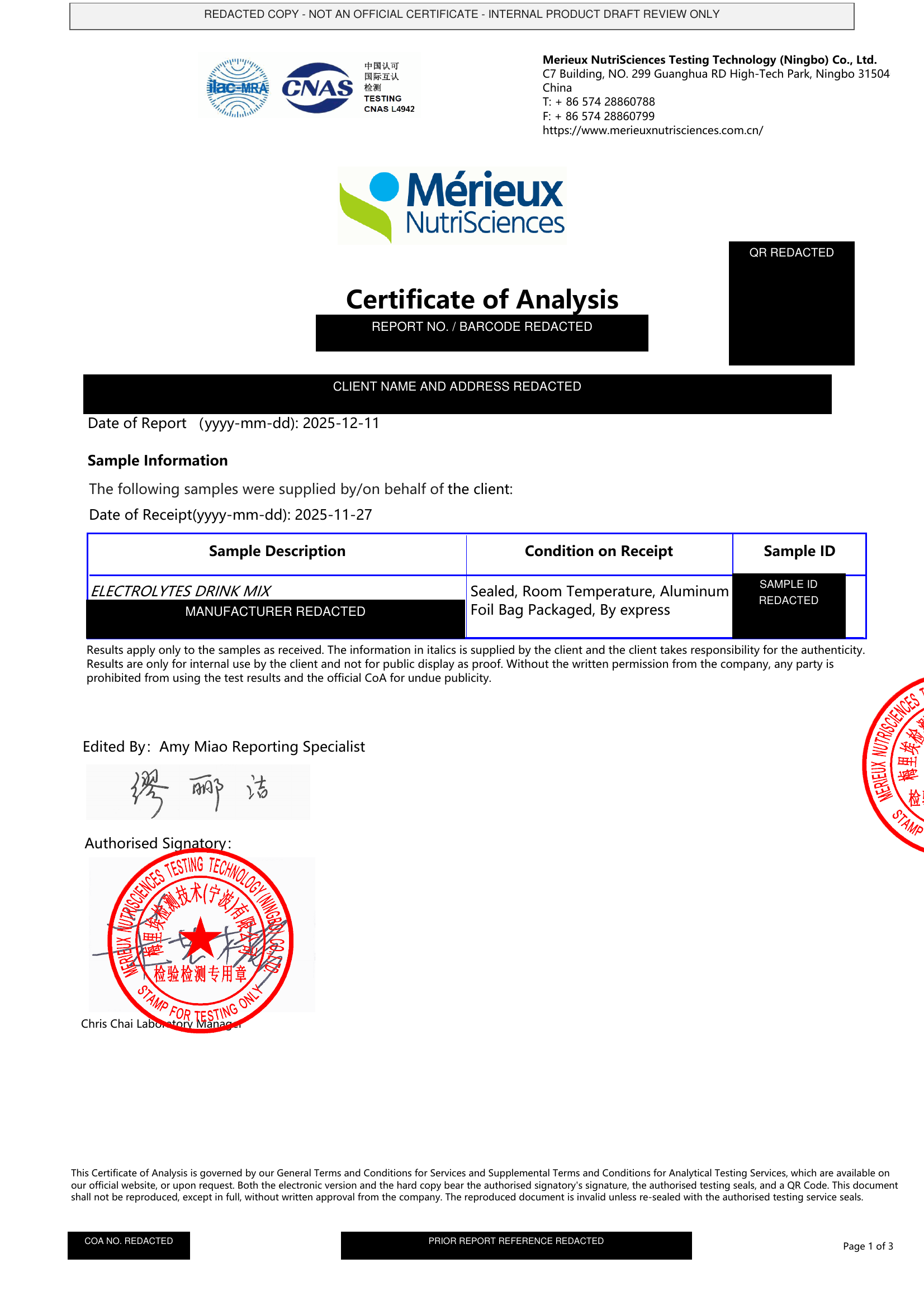 Page 1 of the redacted Fmlave Electrolyte Drink Mix certificate of analysis