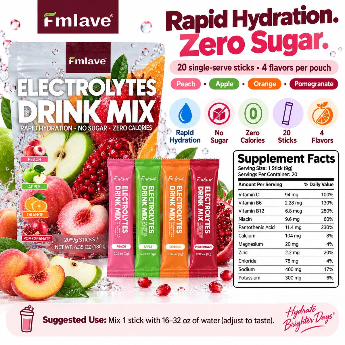Fmlave Electrolyte Drink Mix Variety Pack A product facts, flavors and suggested use