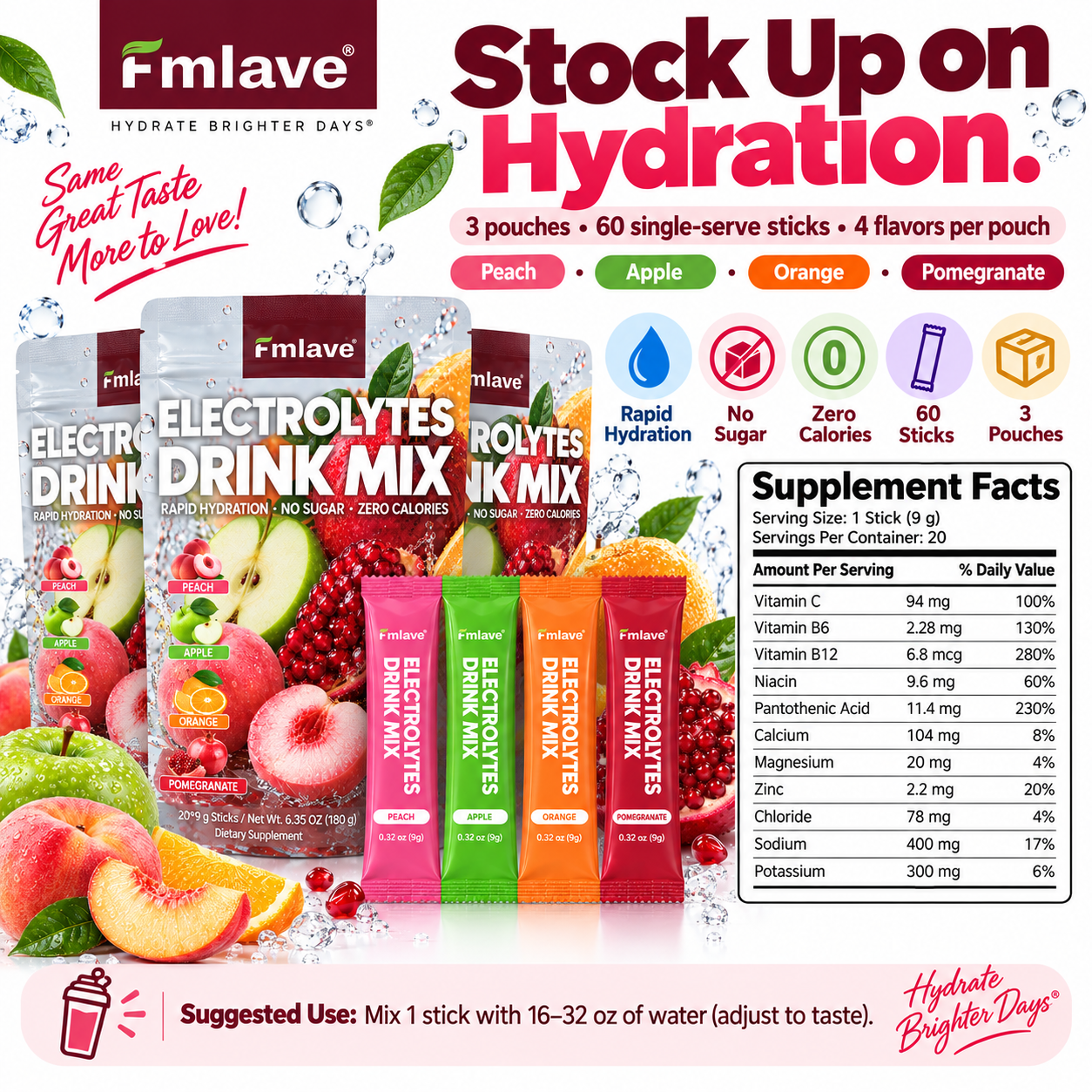 Fmlave Electrolyte Drink Mix Variety Pack A three-pouch bundle facts and suggested use