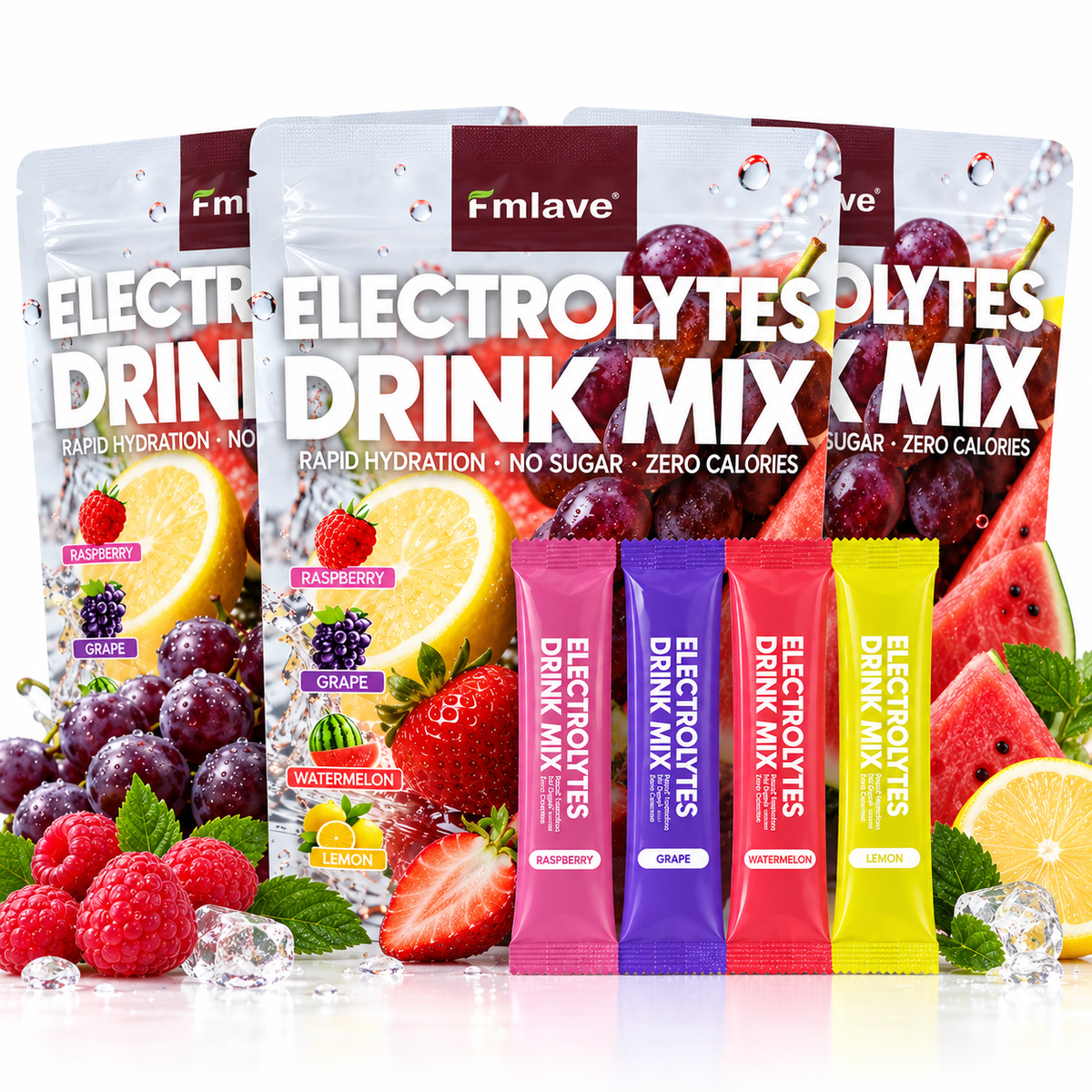 Three pouches of Fmlave Electrolyte Drink Mix Variety Pack B, 60 sticks total