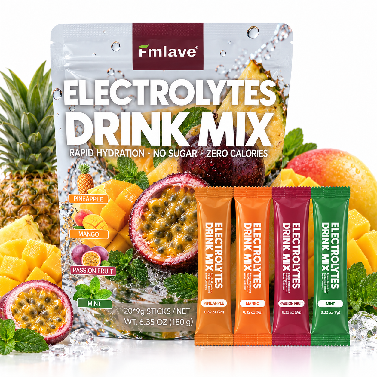 Fmlave Electrolyte Drink Mix Variety Pack C with Pineapple, Mango, Passion Fruit and Mint, 20 sticks