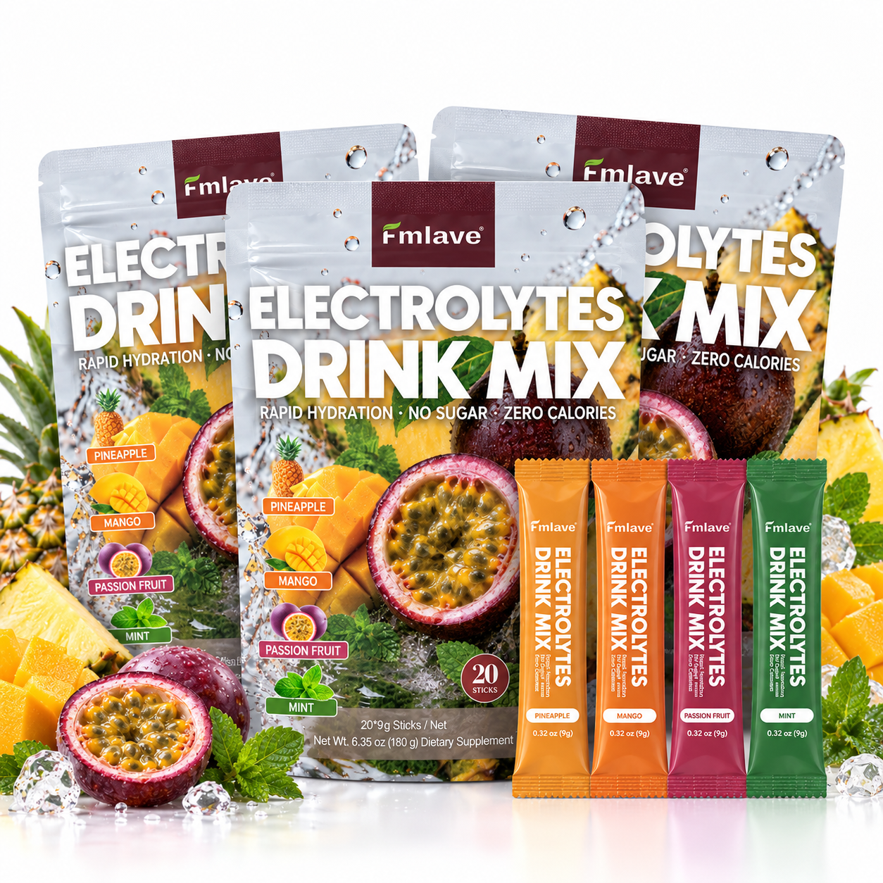 Three pouches of Fmlave Electrolyte Drink Mix Variety Pack C, 60 sticks total