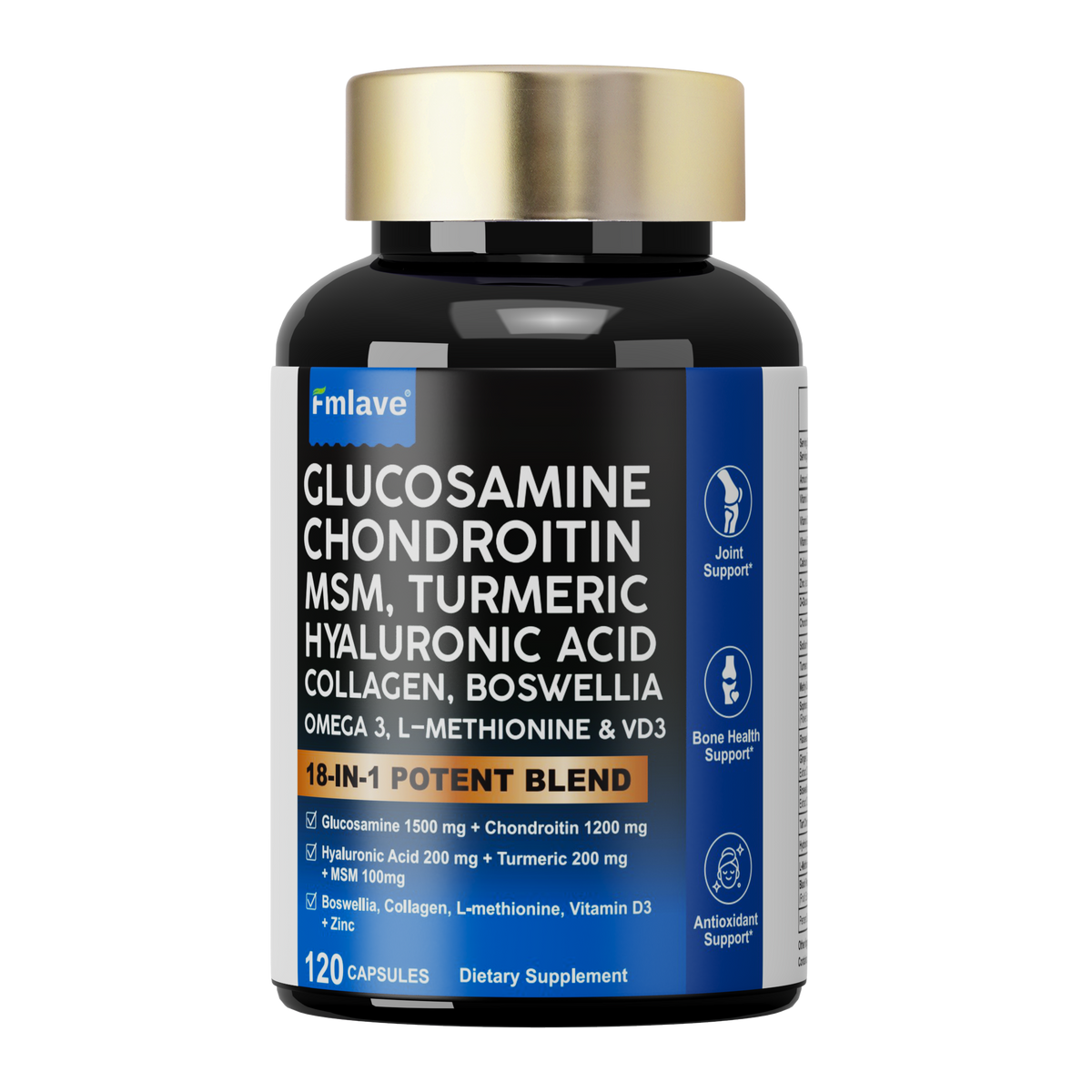 Fmlave Glucosamine Chondroitin MSM 18-in-1 Joint Support, 120-capsule bottle isolated on a transparent background