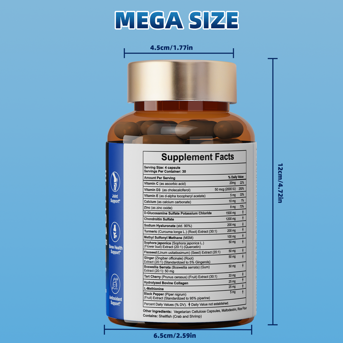 Back of a Fmlave Glucosamine Chondroitin MSM 18-in-1 bottle showing Supplement Facts and bottle dimensions