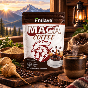 Fmlave Maca Coffee 180 g pouch with the correct front design, no 20 marking, and the coffee cup graphic in a warm mountain lodge setting