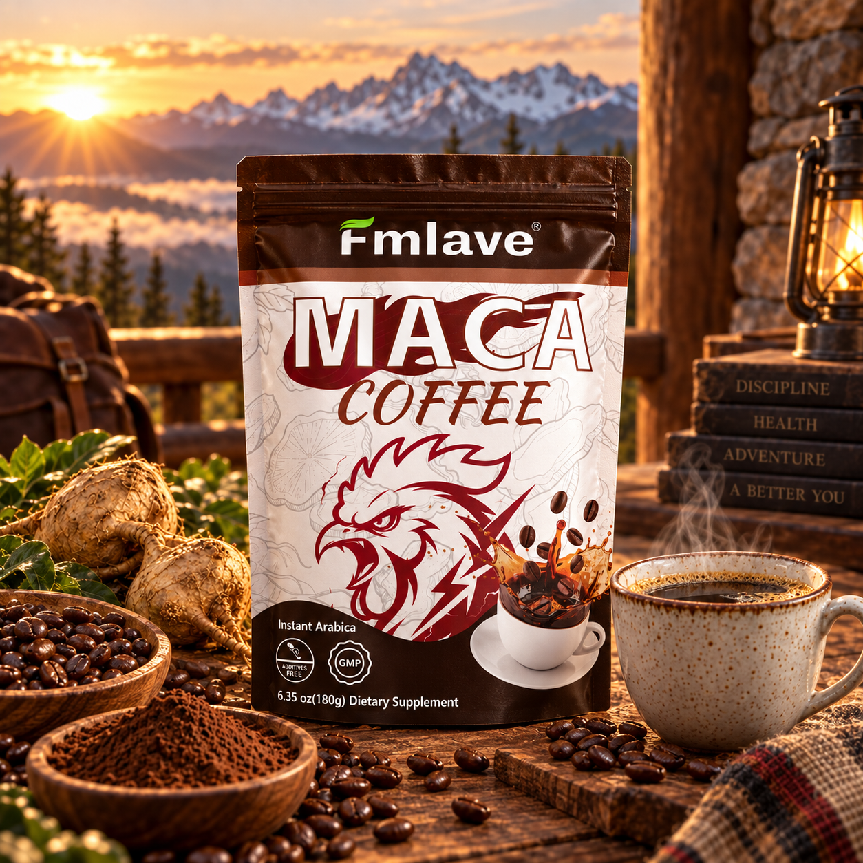 Fmlave Maca Coffee single 180 g pouch with the correct front design, no 20 marking, and the coffee cup graphic on the package