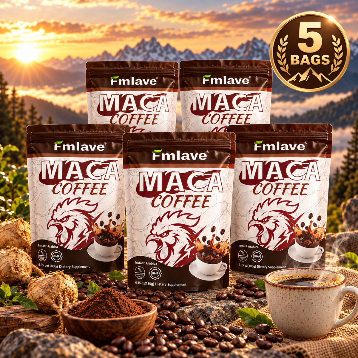 Five full 180 g pouches of Fmlave Maca Coffee using the correct package front with no 20 marking and the coffee cup graphic