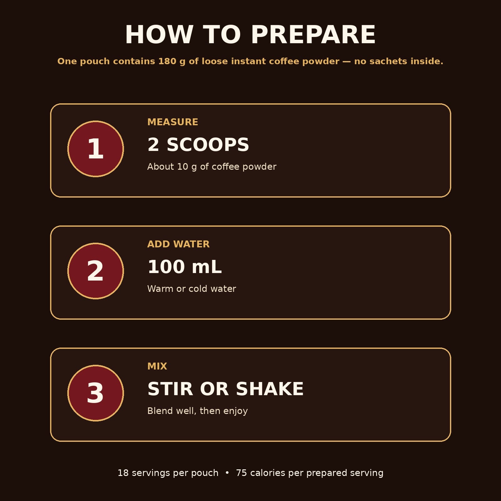 How to prepare Fmlave Men's Maca Coffee with two scoops and 100 mL of water