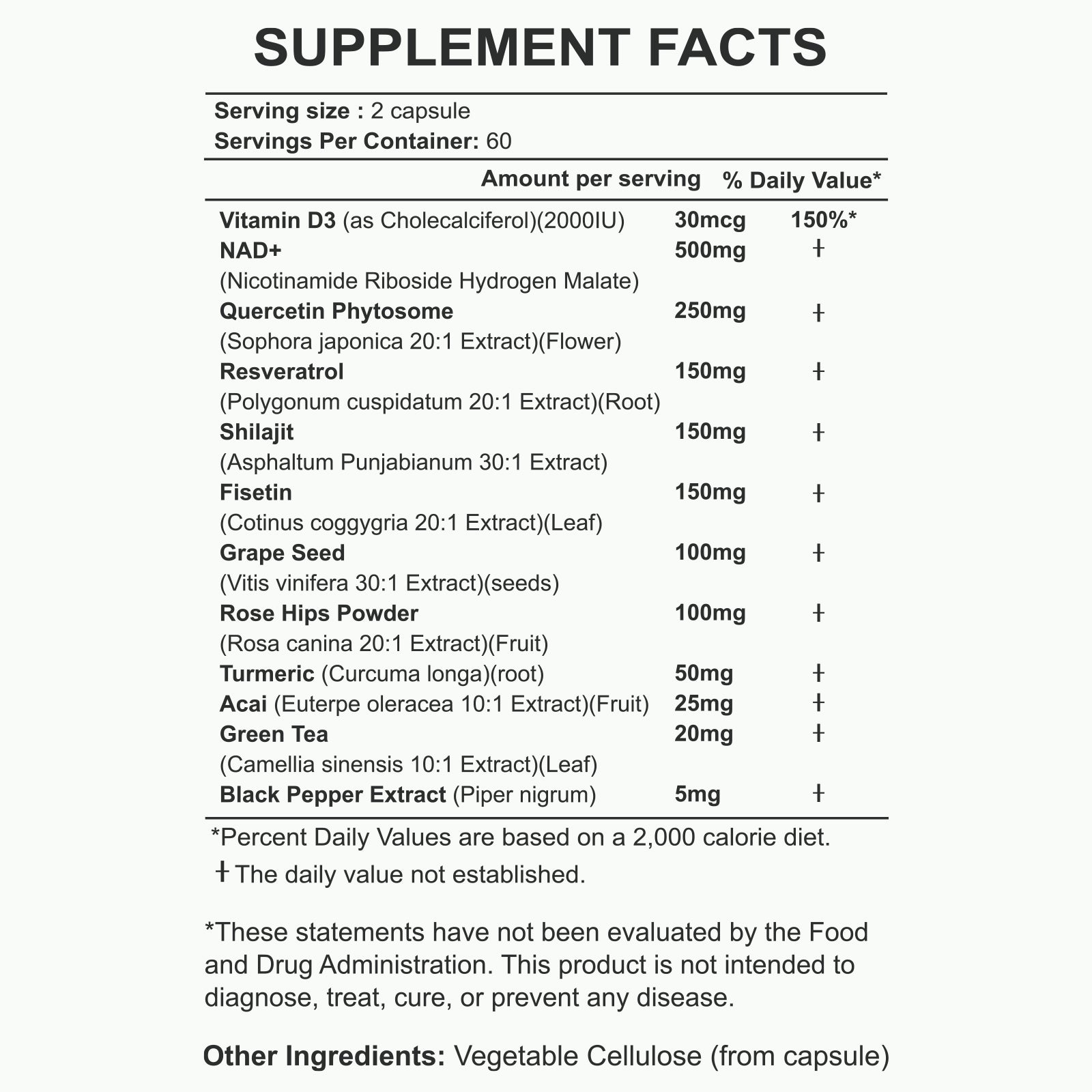 Supplement Facts — NAD+ Resveratrol Supplement — 500mg Nicotinamide Riboside (NR) — 120 Capsules